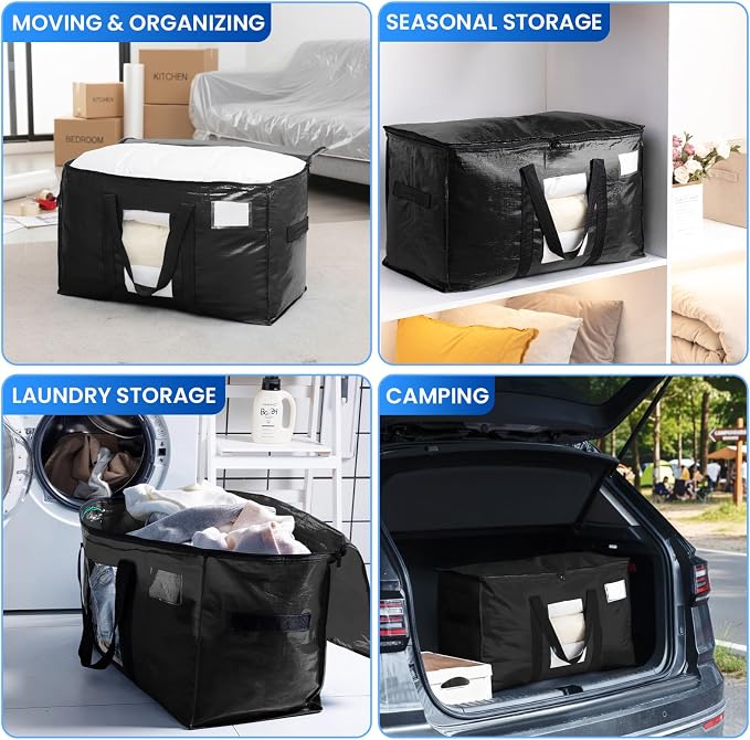 TAILI Extra Large Moving Bags, 6 Pack Black Heavy Duty Totes For Storage with Visible Window, Wrap Around Handles, Storage Bags for Space Saving, Alternative to Moving Boxes
