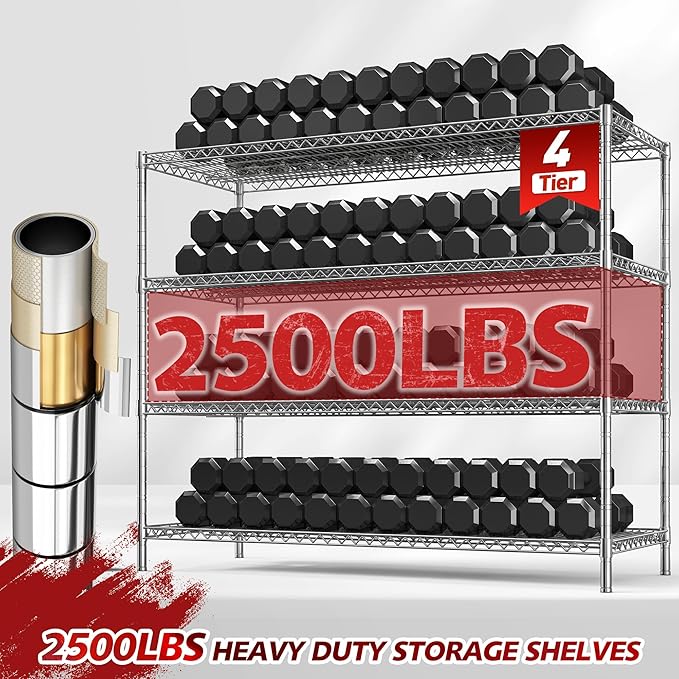 REIBII 55.5''W Storage Shelves 2500LBS Wire Shelving Unit with Wheels Heavy Duty Metal Shelves for Storage Adjustable Garage Storage Rack Pantry Shelf Kitchen Shelving, 75.6" H X 55.5''W X 24" D, 4PCS