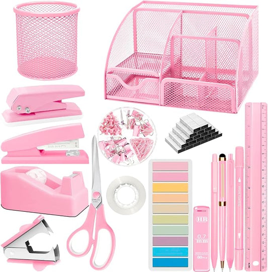 Pink Office Supplies, 17Pcs Pink Desk Accessories Set Include Stapler, Mesh Desk Organizer, Tape Dispenser, Staple Remover, Pen Holder, Clips, Pens, Ruler, for Office Home School Women Students Gift