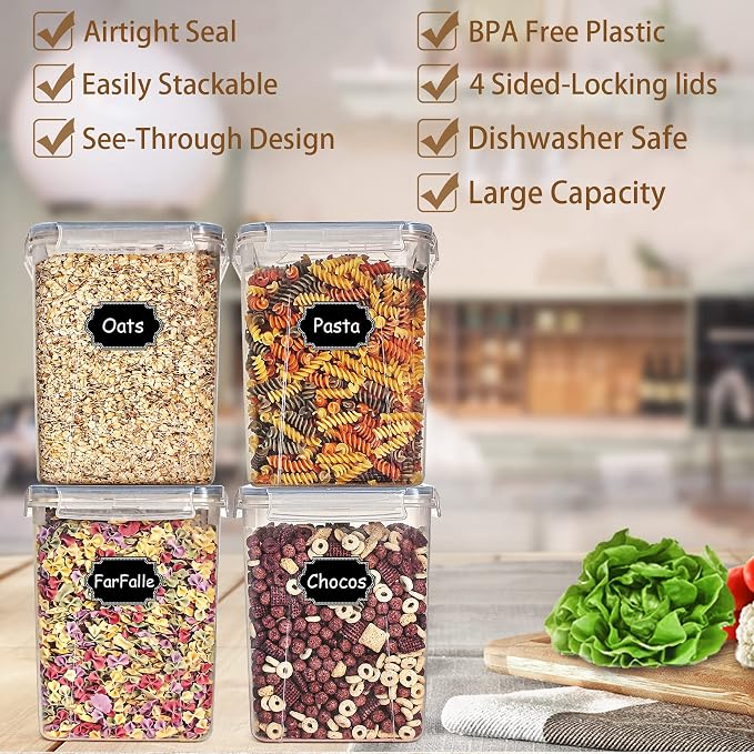 Wildone Flour Storage Containers 5.2L, 4 PCS Food Storage Containers, Gray | For Bulk Flour and Sugar Storage, Airtight Seal, BPA Free, Food Grade Material, 20 Labels Included
