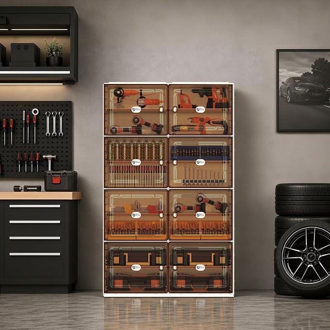 32 Pairs Shoes Storage Cabinet of 3-Step Fast Installation,Plastic Shoe Rack with Clear Magnetic Door for Display, Shoe Organizer for Sneaker, Sandals, Heels (2 Row, 8 Tier)