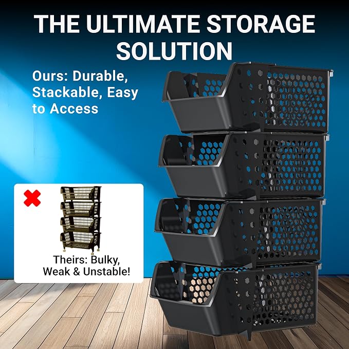 Skywin Stackable Storage Bins Open Front for Pantry Storage, 4 Pack - Black | Sturdy Plastic, Easy Stacking, Breathable & Open Front Design, Pantry Storage for Snacks, Toiletries, and Small Essentials
