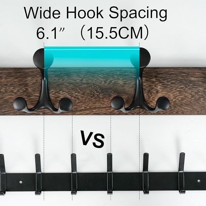 WEBI Coat Rack Wall Mount,36" Solid Wood Coat Hooks Wall Mounted Coat Hanger,16" Hole to Hole,Heavy Duty Hook Rack Rail,6 Triple Hooks for Hanging Coats,Jacket,Clothes,Hat,Backpack,Weathered Brown
