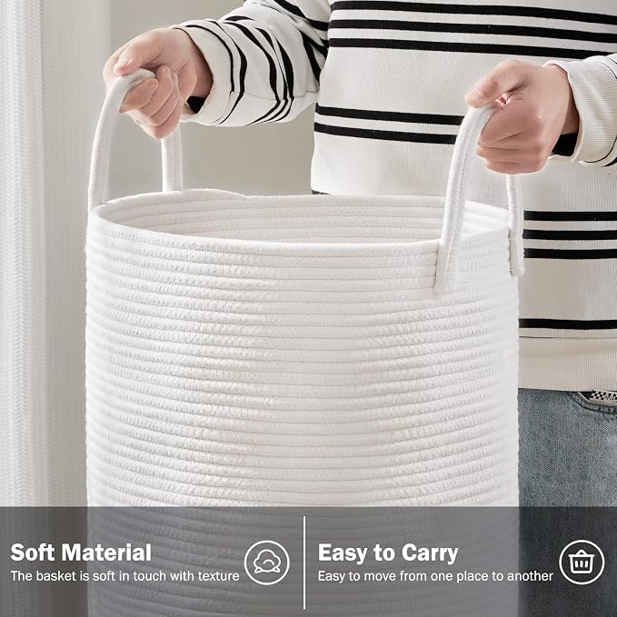 Woven Rope Laundry Hamper Basket by YOUDENOVA, 72L Tall Luandry Basket, Baby Nursery Hamper for Blanket Storage in Bedroom-Large-Pure White | Large Woven Laundry Hamper with Sturdy Handles, Collapsible Home Decor Laundry Basket for Laundry, Clothes, To...