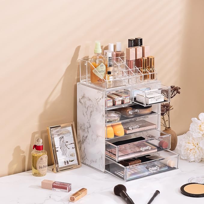 Sorbus Acrylic Makeup Organizer Set, 6-Drawer Vanity & Countertop Cosmetic Storage with Small & Wide Compartments, Marble Print Makeup Storage for Brushes, Jewelry – Holiday Gift for Women & Teens