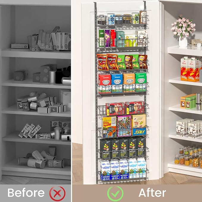 ElegantArray 8-Tier Pantry Door Organizer, Deep Gray | Over The Door, Hanging Spice Rack Shelves, Home Office Laundry Room Bathroom & Kitchen, Rack and Storage