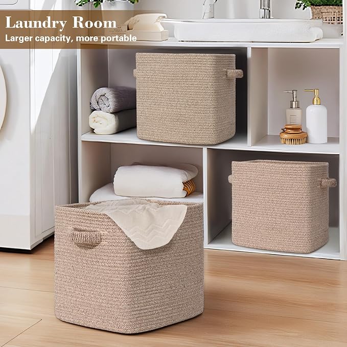 15×13 Inch Storage Cubes, 3 Pack Cube Storage Bins for Organizing, Cotton Rope Woven Baskets for Shelves, Bathroom, Kids Room, Closets, Baby Nursery