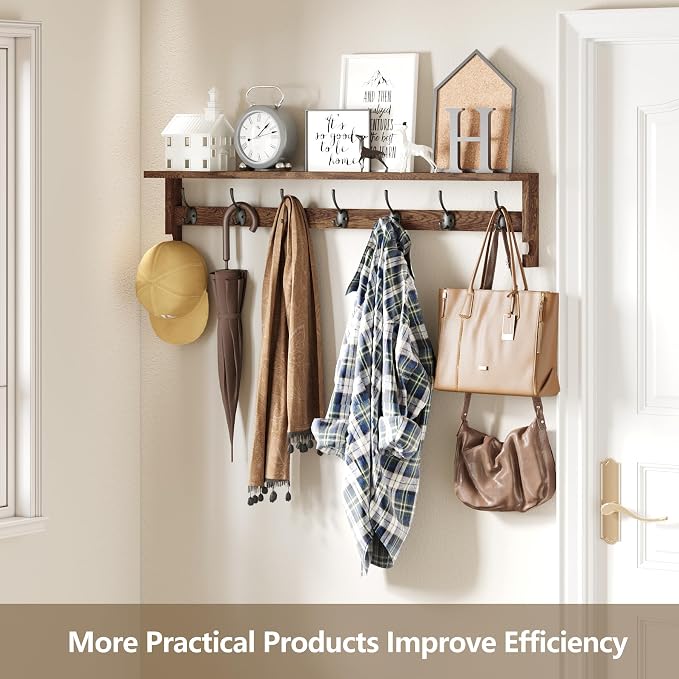 AMBIRD Coat Rack Wall Mount, 35 Inch Extra Long Wall Hooks with Hanging, Wooden Shelf with 7 Metal Hooks 2 Side Hooks, Wall Key Holder with Shelf in Entryway, Kitchen, Bathroom, Living Room, Bedroom