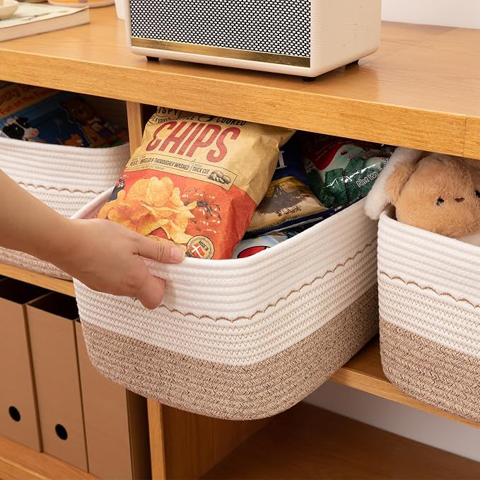 OIASKET 4 Pack Storage Baskets for Organizing, 15.75''x11.8''x7.87'', Decorative Cotton Rope Baskets for Shelves, Small Woven Basket for Toys, Books and Towels, Brown&White