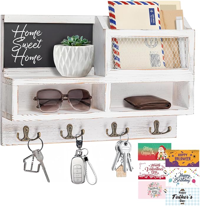 Key Holder Wall Mount, Wooden Mail and Key Organizer, White | Rustic Farmhouse Style, 4 Double Hooks, Includes 2 Storage Box, Small Shelf, Mail Slot, for Entryway, Doorway, Hallway, RV