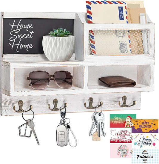 Key Holder Wall Mount, Wooden Mail and Key Organizer, White | Rustic Farmhouse Style, 4 Double Hooks, Includes 2 Storage Box, Small Shelf, Mail Slot, for Entryway, Doorway, Hallway, RV