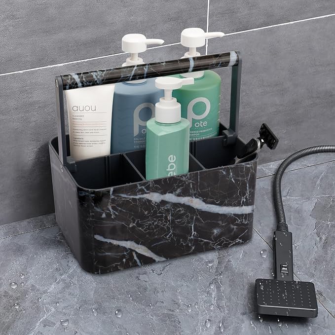 BYUNER Plastic Shower Caddy Dorm: Portable Bathroom Caddy Organizer for College with Handle and Adjustable Divider, Utility Hard Shower Basket Bath Tote for Toiletry, Shampoo, Soap (Black Marble)