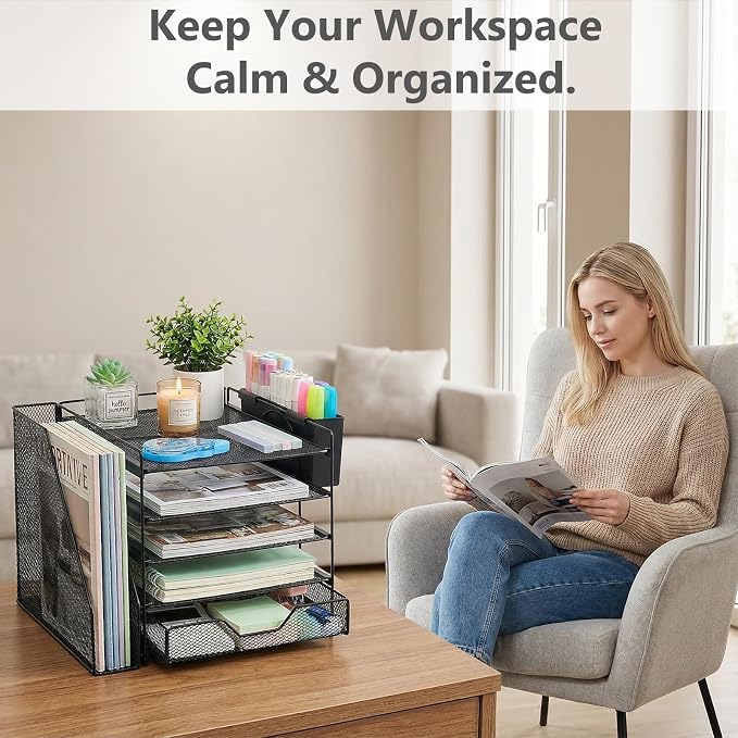 Desk Organizers and Accessories, 5-Tier Paper Letter Tray Organizer with File Holder, Drawer & Pen Holder, Office Desk Accessories, Desktop Organizer for Classroom Office Supplies, Black
