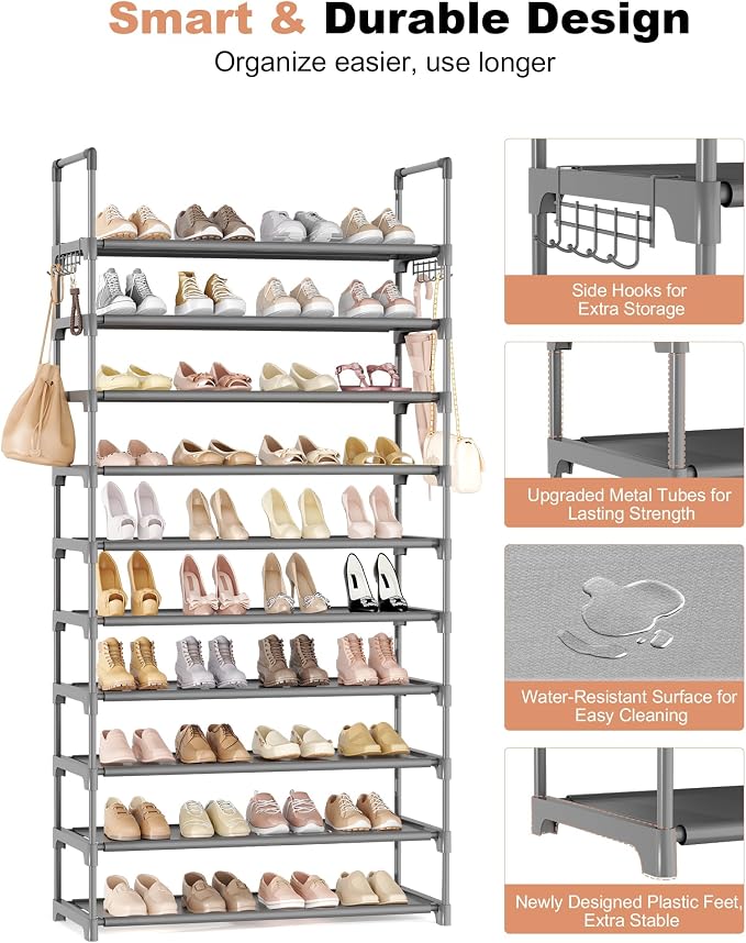LANTEFUL Upgraded Shoe Rack for Closet Large Capacity 10 Tier Shoe Storage Holds 40–50 Pairs Sturdy Shoe Organizer with 10 Hooks for Entryway, Bedroom, Garage, Grey