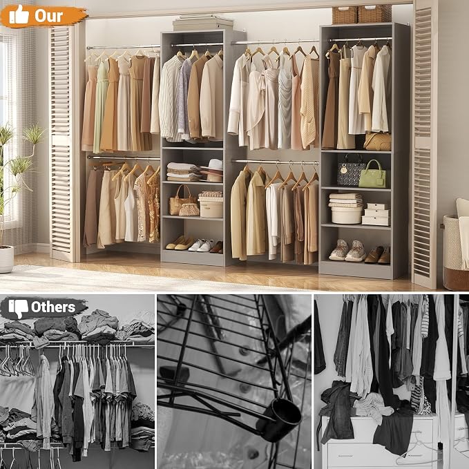Closet System, 4.5-11.5 Ft Expandable Closet Organizer, Gray | 5 Hanging Rods, Walk-in Wood Closet Organizer System with Storage Tower, Heavy Duty Garment Rack Wardrobe for Bedroom