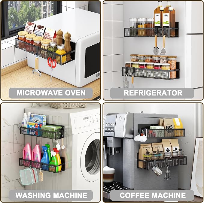 Aufworld Magnetic Spice Rack for Refrigerator, 4 Pack Magnetic Shelf, Fridge Magnet Organizer with Moveable 8 Hooks, Magnetic Fridge Shelf for Kitchen Organization and Storage (4 Pack)