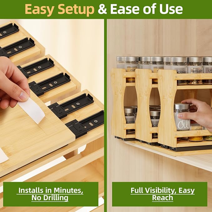 BAMEOS Pull Out Spice Rack Organizer for Cabinet, Bamboo Wide 13.9" Slide Out Seasoning Organizer for Kitchen, No Drill Anti-Tip Ball Bearing Silent Glides, Pantry Cabinet Organizer,Natural