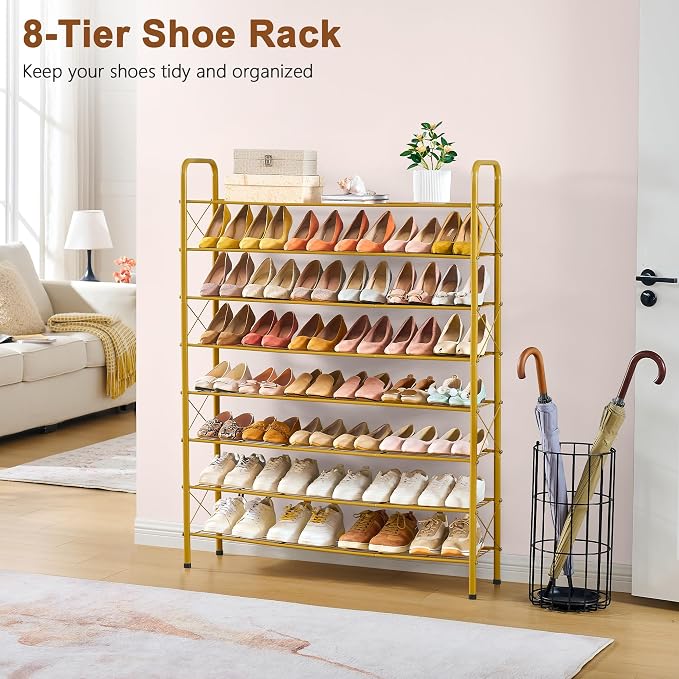 Hoctieon 8 Tier Shoe Rack for Closet, Durable Mesh Style Shoe Rack, Entryway Shoe Shelf, Shoe Storage Organizer for Hallway, Bedroom, Living Room, Wardrobe, Gold
