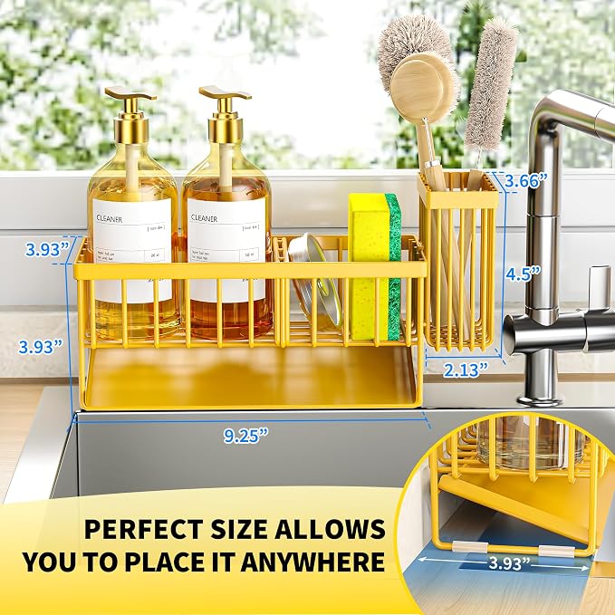 Cisily Lemon Yellow Sink Caddy Organzier with High Brush Holder, Sponge Holder for Sink, 304 Rustproof Stainless, Kitchen Countertop Soap Dispenser Organizer, Lemon Kitchen Decor and Accessories