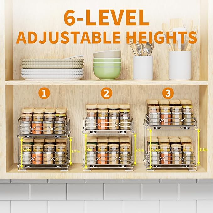 RCHYFEED Pull Out Spice Rack, 2 Tier Height Adjustable Vertical Spice Rack | Chrome,Tape or Screw Mount Available, Heavy Duty Sliding Spice Rack 9.2W x 10.4D x 9.8H, Fits Cabinets with or without Lip