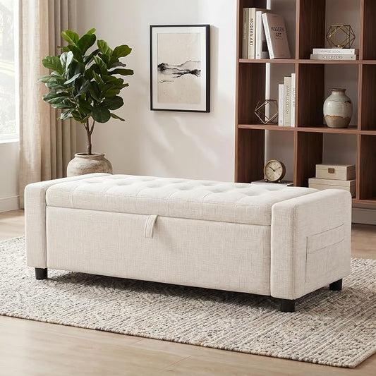 Marsail Upholstered Bench Rectangle Ottoman with Storage Bench for Bedroom End of Bed, Tufted Ottoman with Cushion, Modern Benches for Foot of Bed, Living Room, Entryway, Cream