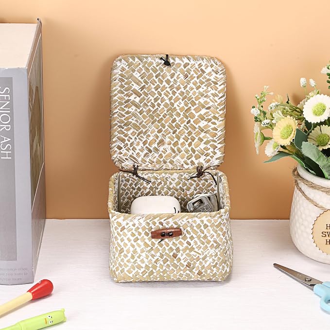 Hipiwe Handwoen Seagrass Basket with Lid Mini Woven Wicker Box,3.5"x3.5"x2" | Decorative Shelf Basket for Bathroom Home Office Organizer, Key Basket Holder for Entryway Table, Whitewash