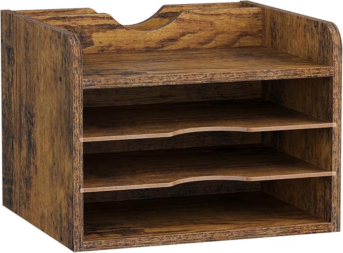 Snughome Vintage Wood File Organizer Desktop, 13.4’’ Document Letter Mail Tray Sorter with 3 Adjustable Shelves, Wooden Desktop Paper File Sorter Holder (Rustic Brown, 13.78’’L x 11.81’’W x 11.02’’H)