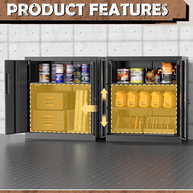 INTERGREAT Steel Storage Cabinet with Lock, Lockable Metal Storage Cabinets with 2 Adjustable Shelves, Black Counter Height Garage Cabinet