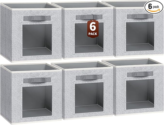 Linen Closet Organizers and Storage - 6 Pack Cube Storage Bins with Handle, Fabric Storage Bins for Shelves, 11 inch Bins for Organization, Cubes Organizer for Home, Blended