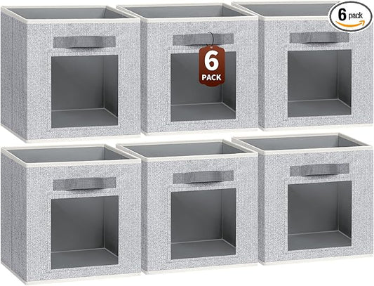 Linen Closet Organizers and Storage - 6 Pack Cube Storage Bins with Handle, Fabric Storage Bins for Shelves, 11 inch Bins for Organization, Cubes Organizer for Home, Blended