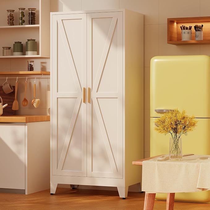 71" H Tall Kitchen Pantry Cabinet,Metal Food Storage Cabinets, White Kitchen Cabinet with Doors and Shelves, Large Freestanding Cabinets with Storage for Dining Room, Living Room