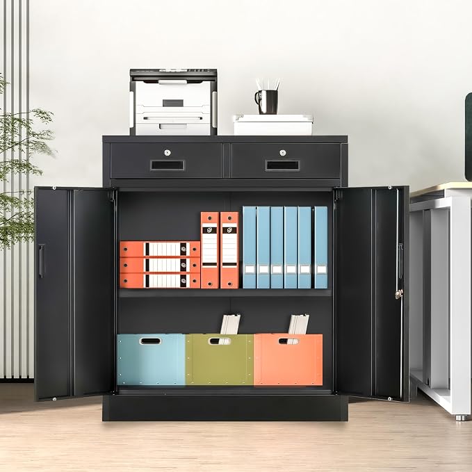 Wanfu Metal Storage Cabinet, 36" H Locking Storage Cabinet with 2 Drawers and Adjustable Shelf, Metal Cabinets for Office, Garage, Home-Black