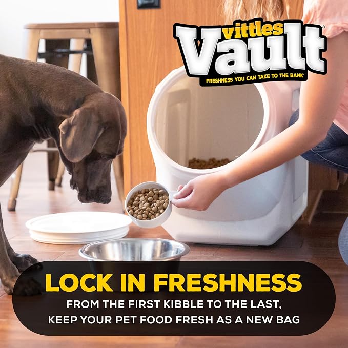 Vittles Vault Traditional Pet Food Storage Container For Dog Kibbles/Bird Seed/Oatmeal/Rice/Flour/Cereal, BPA Free Plastic, Sealed Airtight For Cat Food, Up To 40 lb, Made in USA, With Scoop, Gray