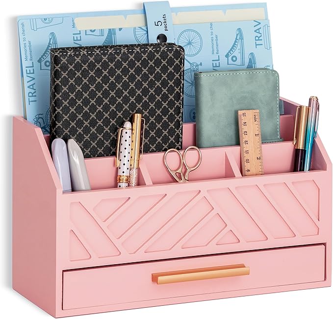 dreampossible Pink Wood Desk Organizer and Accessories with Drawer, Bill Mail Organizer and File Mail Holder for Office Supplies, Modern Desk Accessories & Workspace Organizers for Desk Organization