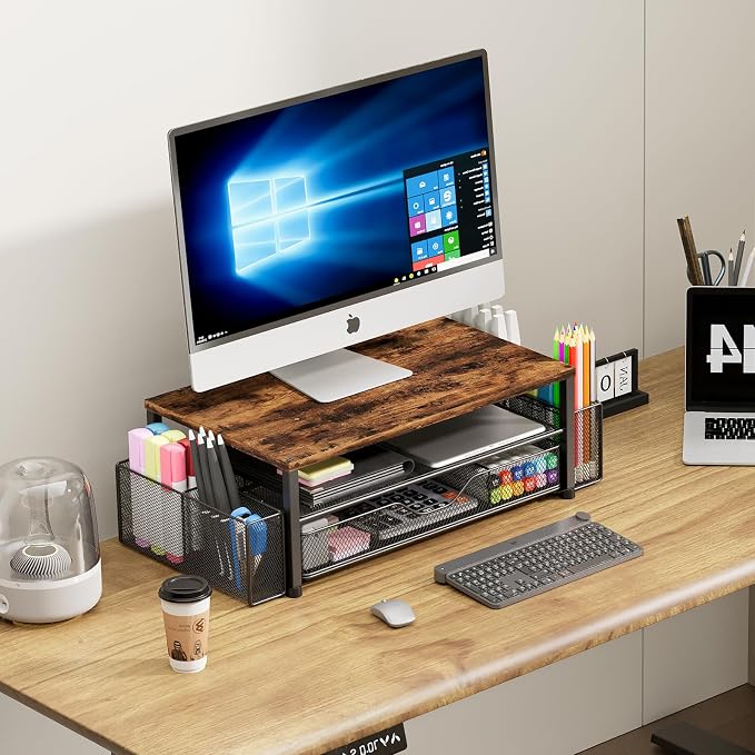 OPNICE Desk Organizer and Accessories, 2-Tier Computer Monitor Stand Riser with Drawer and 2 Pen Holders, Laptop Stand, Office Desk Accessories for Office Supplies, 1 Pack, Brown