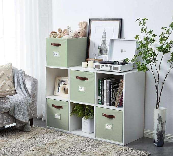DECOMOMO Storage Bins, Storage Baskets for Shelves | 13" x 15" x 13" Storage Cube Bins with Labels for Organizing Shelves (Kallax, 4pcs, Sage Green)