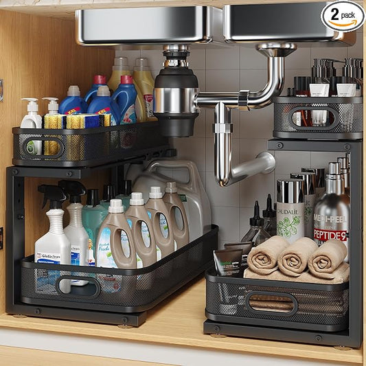 2 Pack 17.3IN-Depth Under Sink Organizer with Smooth Cylindrical Rail,2-Tier Pull Out Multi-Purpose Cabinet Storage for Bathroom&Kitchen,Height Adjustable,Rust-Resistant Coating-Black