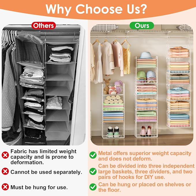 Yuyetuyo 6 Tier Raised-Height Hanging Closet Organizer, Stackable Sweater Organizer for Closet, Wire Storage Basket Bins for Clothes Purse Shoes, Hanging Shelves with 4 Hooks & 3 Dividers Adjustable