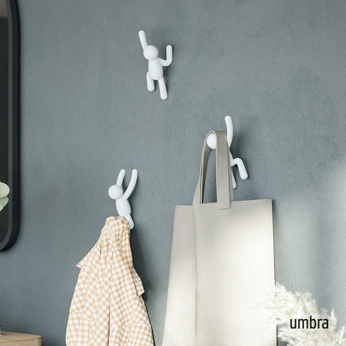 Umbra Buddy Wall Hooks, Decorative Wall Mount Coat Hooks, Set of 3, White | Easy install with hardware, holds 5lbs per hook, entryway bedroom bathroom dorm, playful hanging storage, recycled plastic