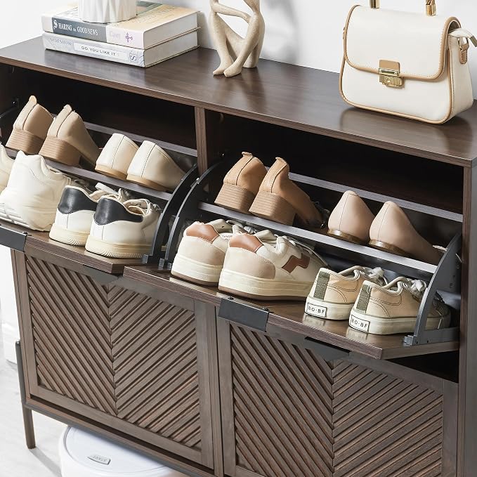 Shoe Cabinet with 4 Flip Drawers, Narrow Entryway Rack, Brown | Slanted Wood Grain, Freestanding, Adjustable Compartments, Removable Middle Shelf, Metal Handles, for Hallway Foyer Entrance