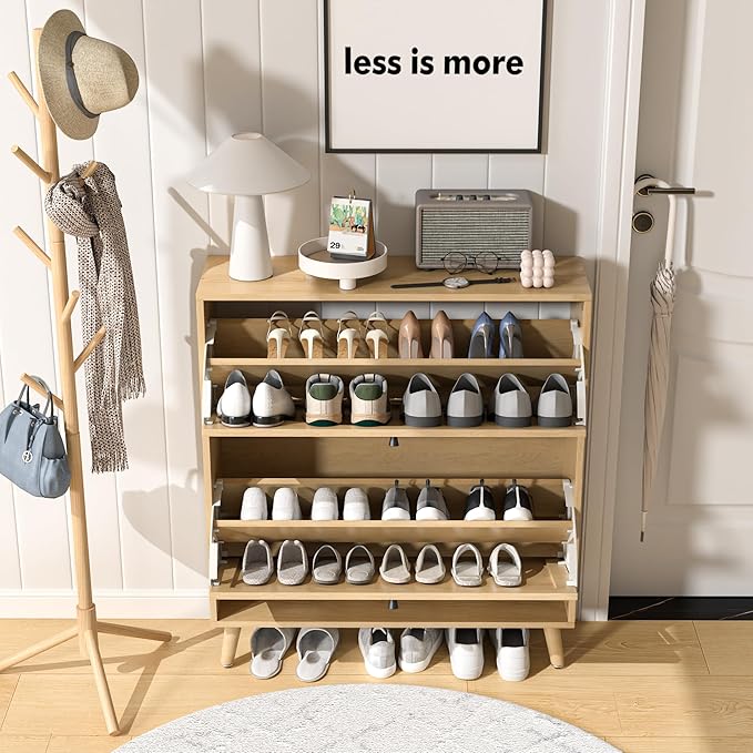Fsbecl Shoe Storage Cabinet for Entryway with 2 Flip Drawers, Narrow Wood Shoe Cabinet with Fluted Panel, Freestanding Hidden Shoe Organizer for Hallway