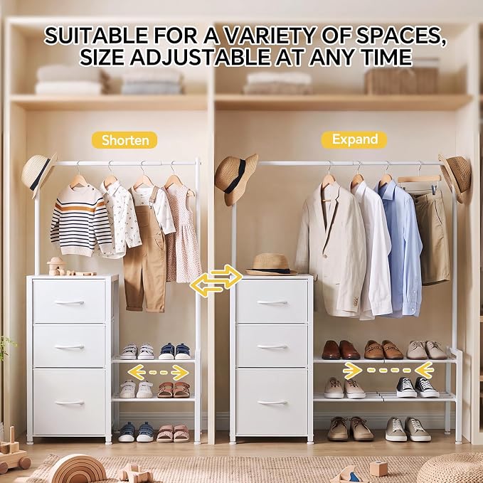 Tall Closet Organizer Dresser 47.2" H x 39.7" W，with Extendable Clothes Hanging Rack & Shoe Rack，3 Fabric Drawers Chest of Drawers,Bedroom, Living Room，Sturdy Frame Easy to Install