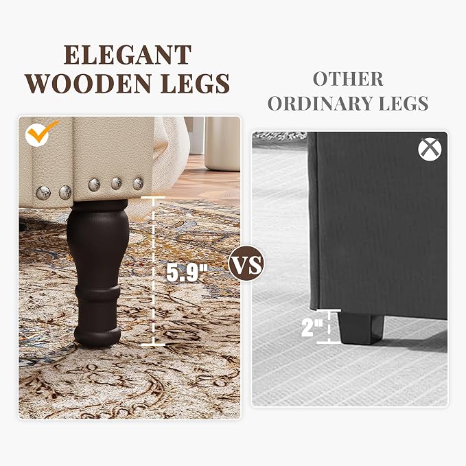 YOUDENOVA Ottoman with Storage, 51" End of Bed Bench with Rolled Arms, Upholstered Storage Bench with Vintage Rivets for Bedroom, Living Room, Entryway, Beige+Brown Legs