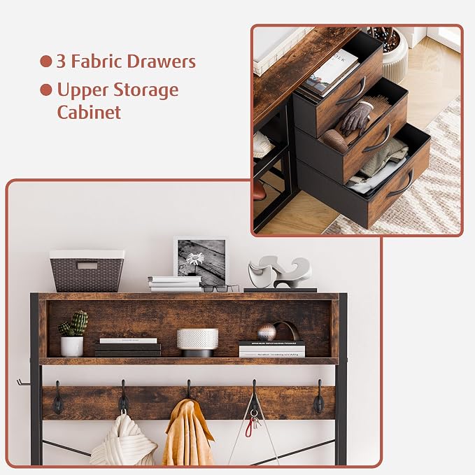 Hall Tree with Bench and 3 Drawers Storage, 31.5" Coat Rack Freestanding | Rustic Brown, 6-in-1, Top Cubby, 12 Coat Hooks, Adjustable Shoe Rack, Sturdy Metal Frame, Entryway Organizer