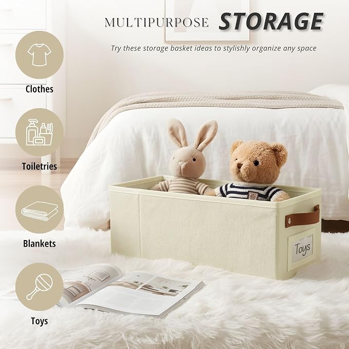 DECOMOMO Narrow Storage Bins, Small Basket with Handles (Beige, 4 Pack) | 15 x 5.9 x 5.5 inches Storage Basket, Fabric Storage Bins with Labels
