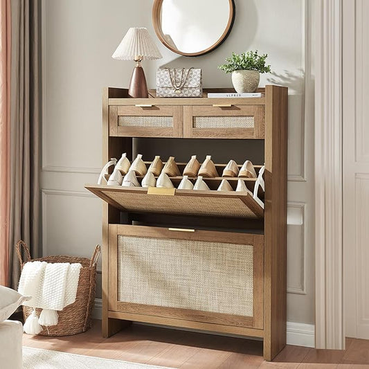 HOKYHOKY Rattan Shoe Storage Cabinet with 2 Drawers & 2 Flip Drawers | Hidden Slim Shoe Organizer, Farmhouse Boho Narrow Shoe Rack, Large Tabletop Space, Entryway, Rustic Oak