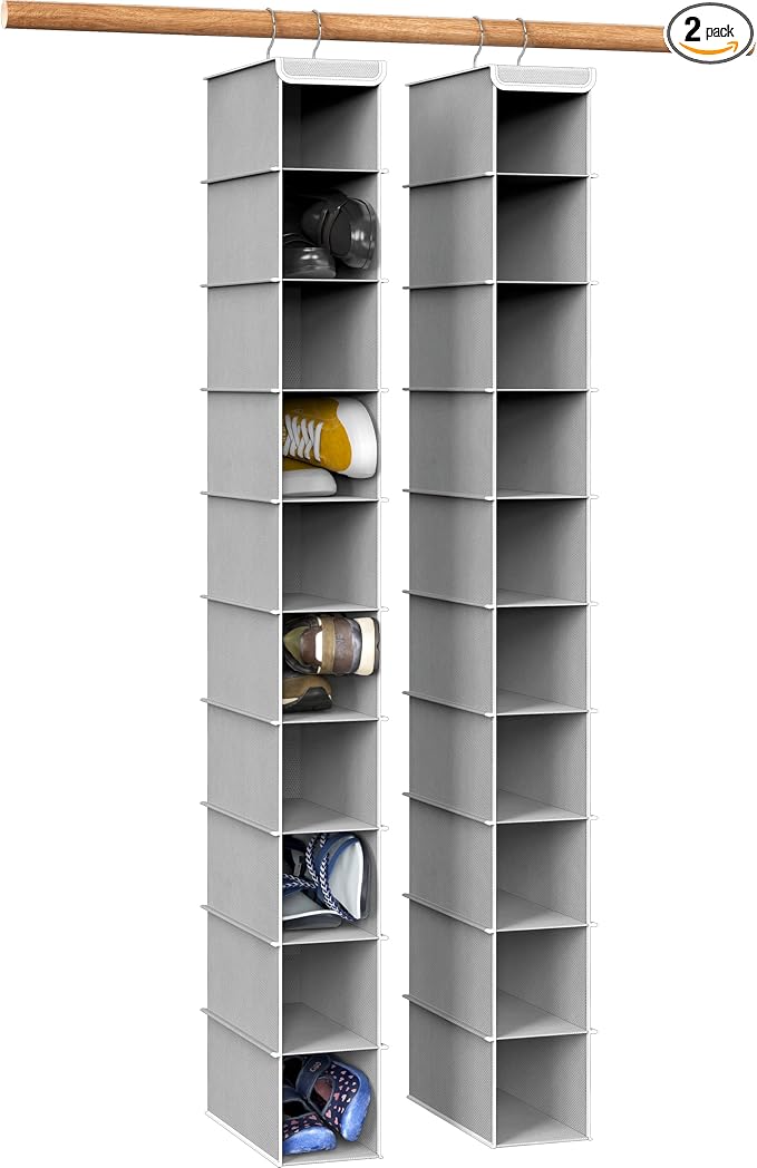 Simple Houseware 2 Pack 10 Shelves Hanging Shoe Organizer, Gray | Dual Metal Hooks, Holds Up to 20 lbs, for Narrow Space