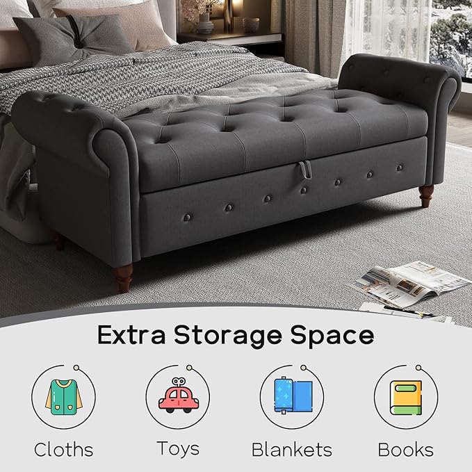 NIOIIKIT 63'' Storage Ottoman Bench, Tufted Entryway Bench Grey Polyster | Button Tufted End of Bed, Large Storage Space, Rolled Armed Ottoman Couch Long Bench for Bedroom, Living Room, Hallway