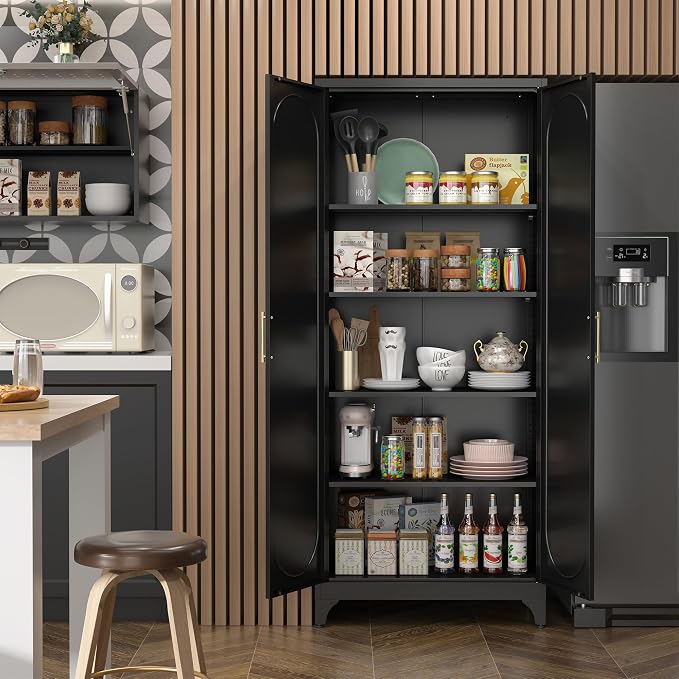 Steeloong 75"Metal Pantry Storage Cabinet with Doors & 4 Adjustable Shelves | Kitchen Pantry Cabinet,Black Tall Pantry Cabinet for Kitchen Storage,Storage Cupboard for Living Room,Pantry,Garage,Bathroom