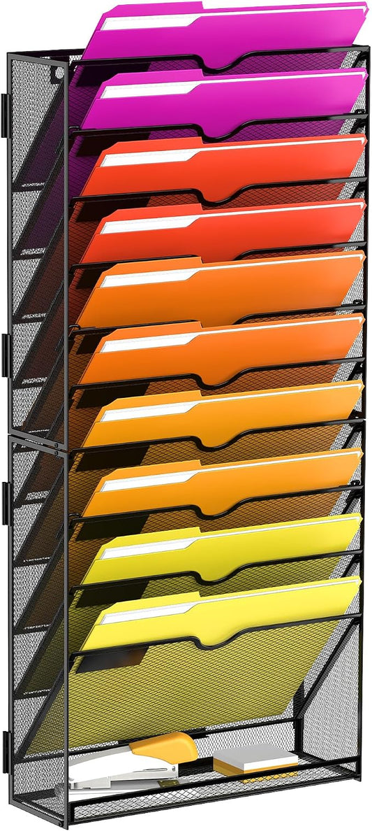 11-Tier Wall File Organizer and Hanging File Organizer with Base, Black | Wall Organizer and Wall File Holder with 11 Vertical Pockets and Bottom Tray for Files, Mail, Folders, Magazines and Paper